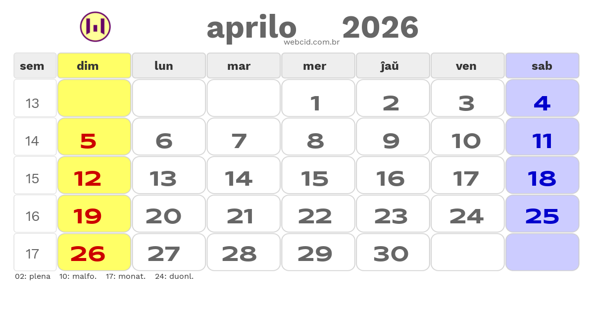 Kalendaro 2026 - aprilo - Esperanto-ESPERANTO com feriados e fases da lua