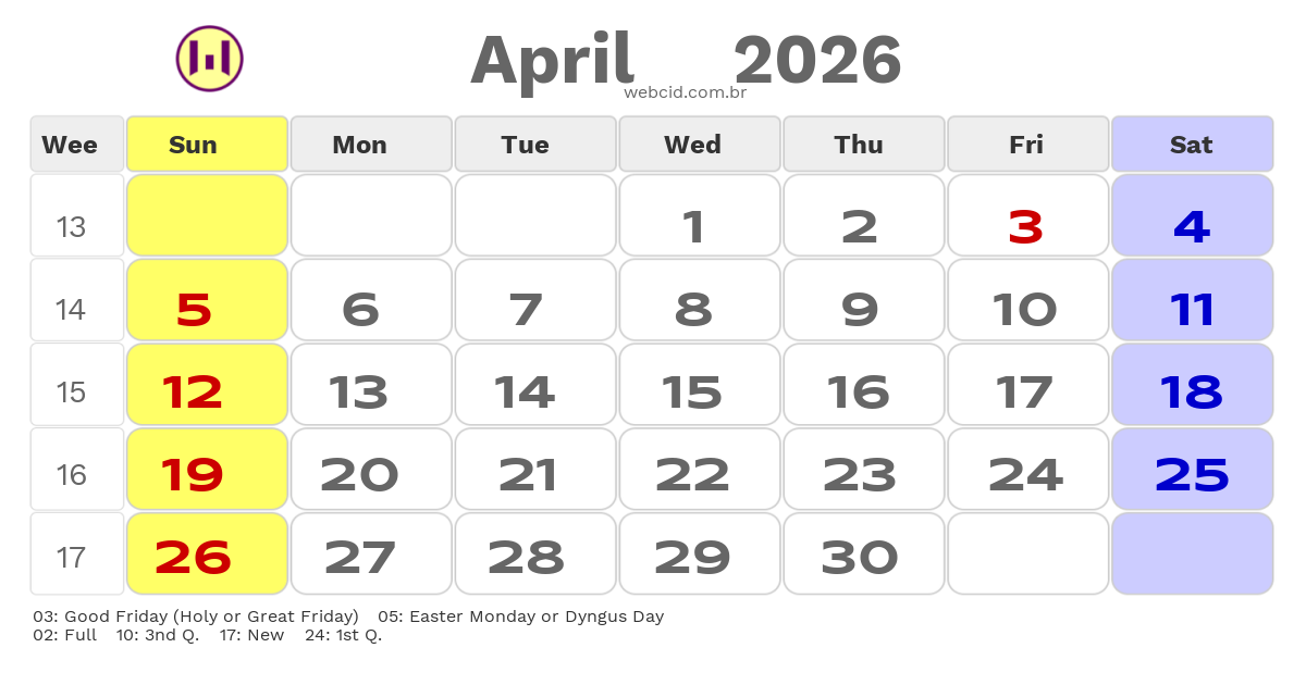 Calendar 2026 - April - Guyana com feriados e fases da lua
