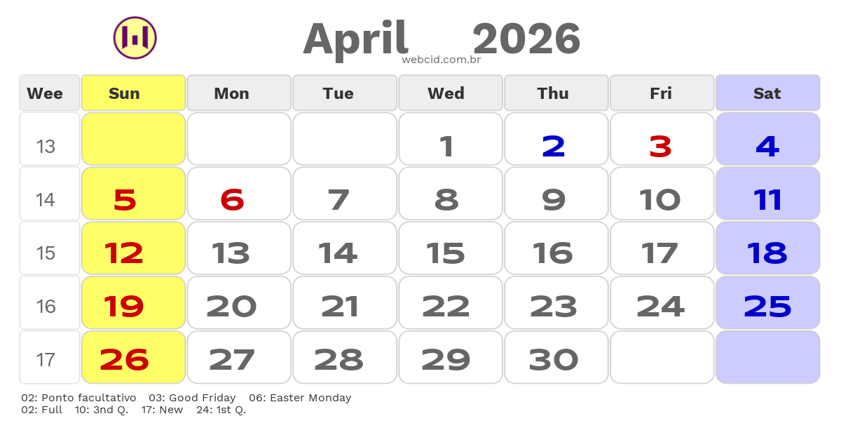 Calendar 2026 - April - Inglaterra com feriados e fases da lua