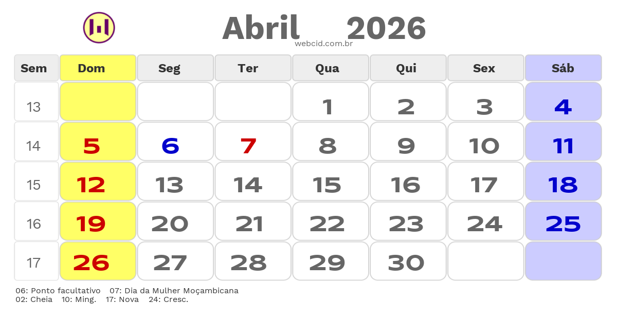 Calendário 2026 - Abril - Moçambique com feriados e fases da lua
