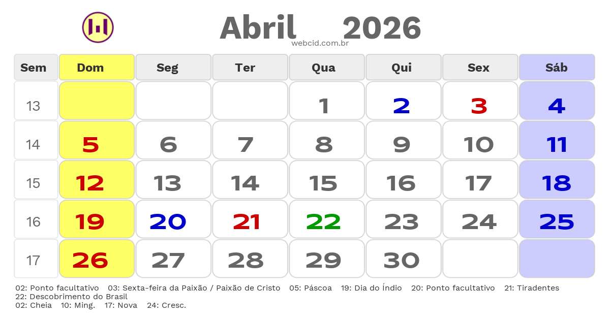 Calendário 2026 - Abril - Não-Me-Toque-RS com feriados e fases da lua