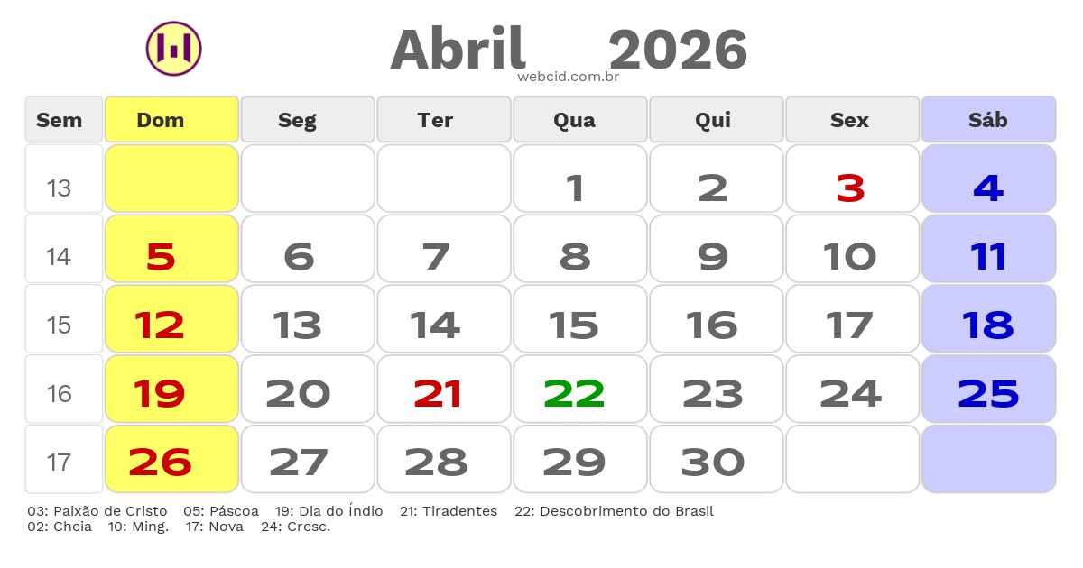Calendário 2026 - Abril - Balneario Gaivota-SC com feriados e fases da lua