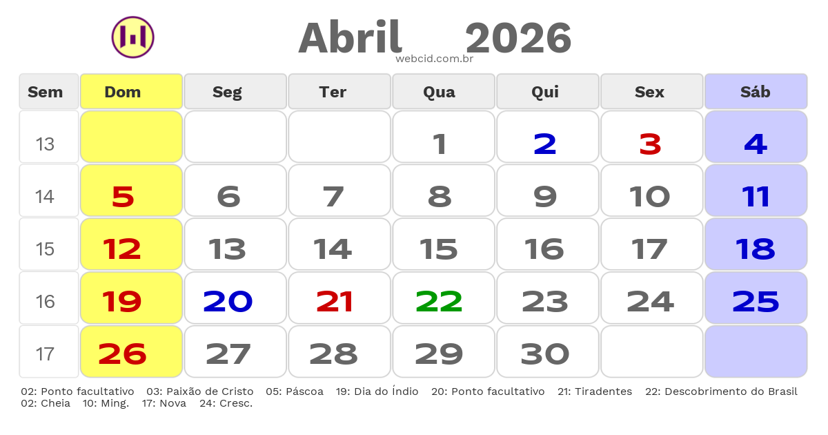 Calendário 2026 - Abril - Tubarão-SC com feriados e fases da lua