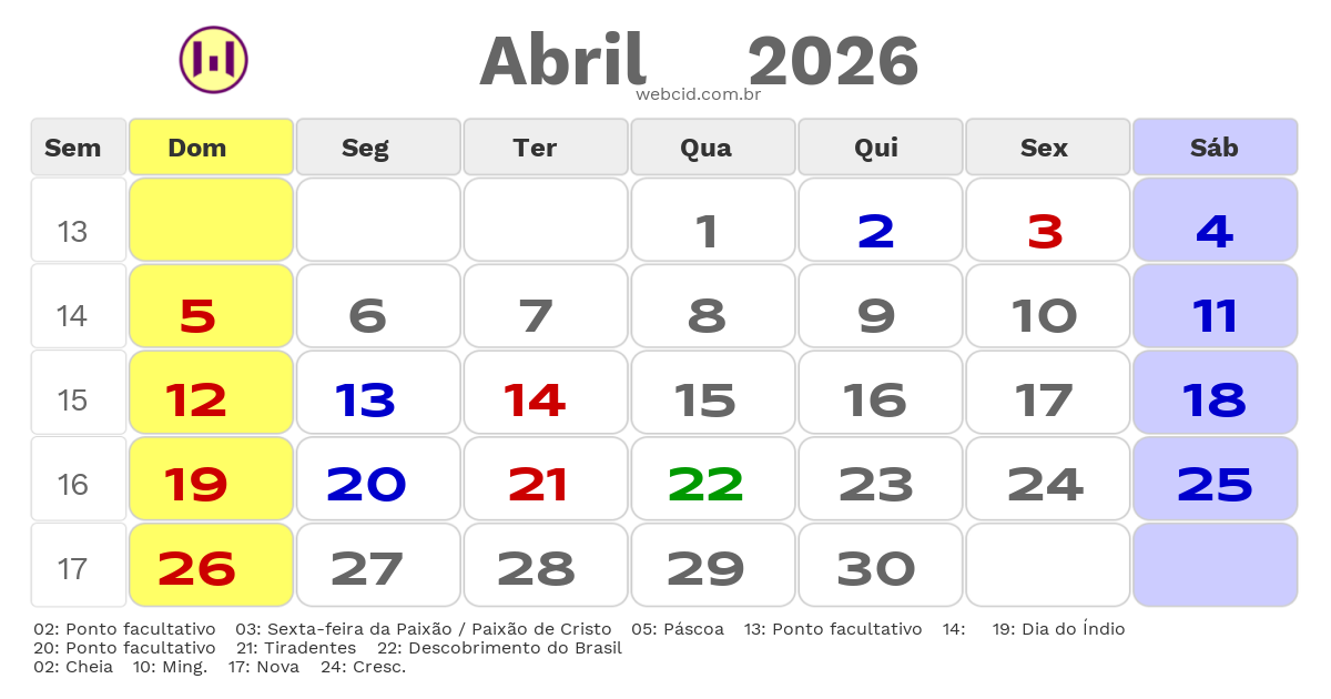 Calendário 2026 - Abril - Catanduva-SP com feriados e fases da lua