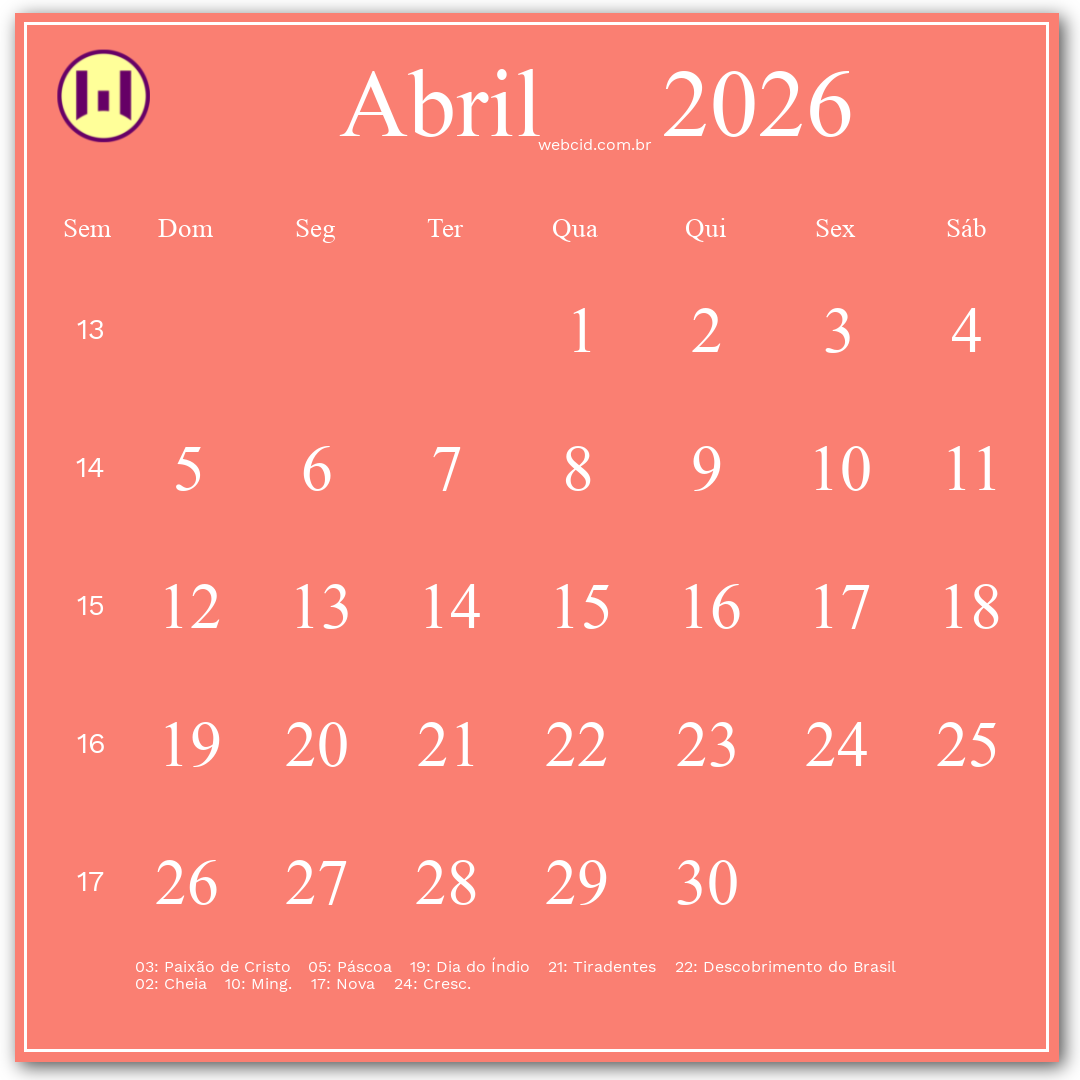 Calendário 2026 - Abril - Brasil com feriados e fases da lua