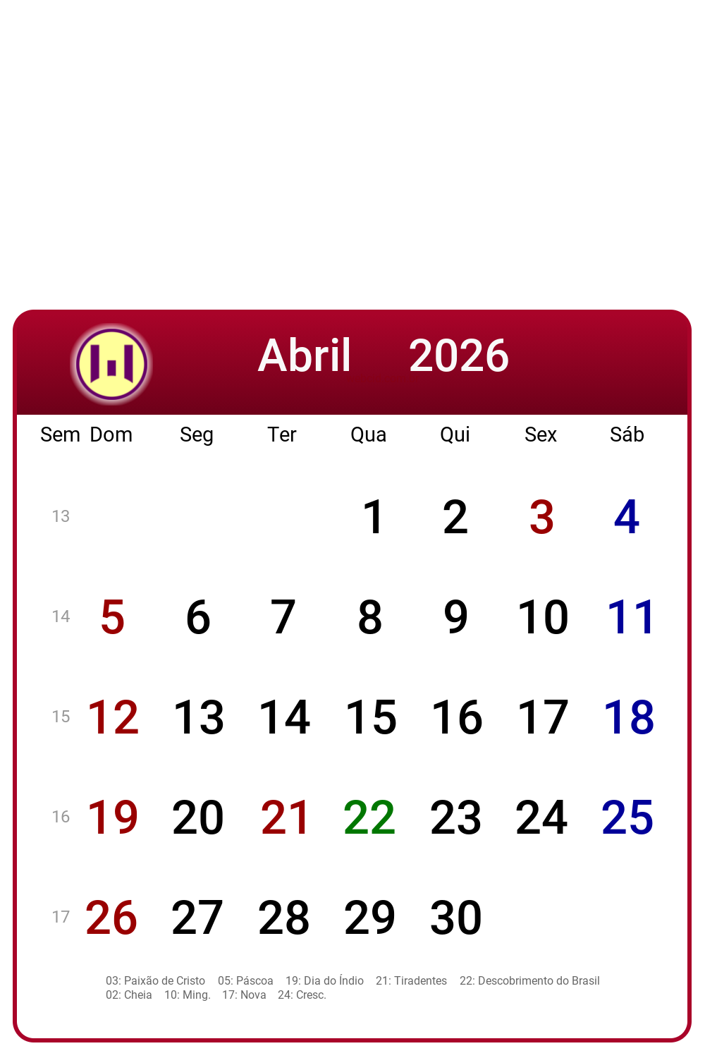 Calendário 2026 - Abril - Brasil com feriados e fases da lua