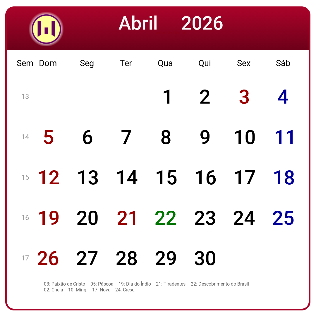 Calendário 2026 - Abril - Brasil com feriados e fases da lua