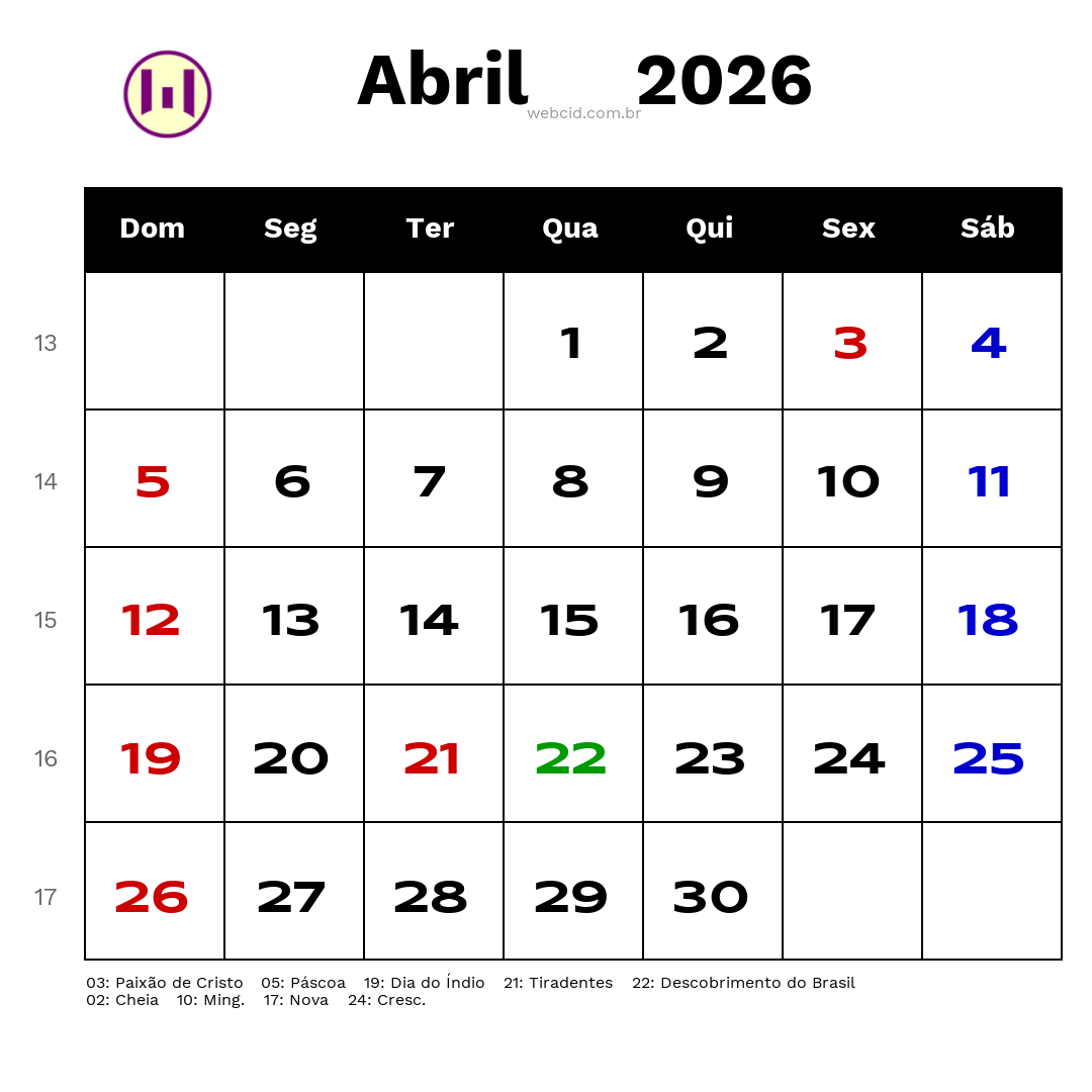 Calendário 2026 - Abril - Brasil com feriados e fases da lua