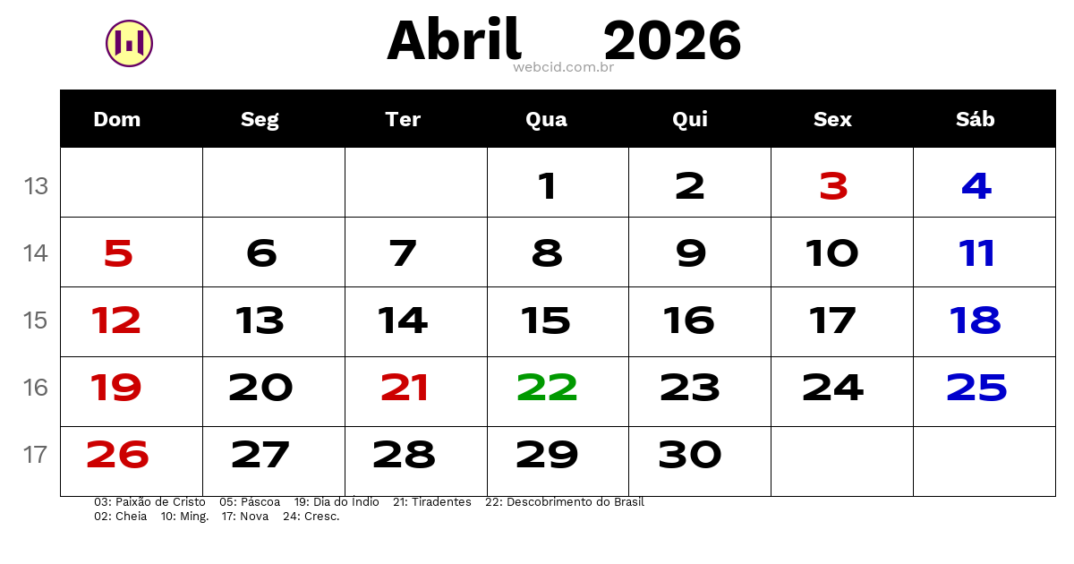 Calendário 2026 - Abril - Brasil com feriados e fases da lua