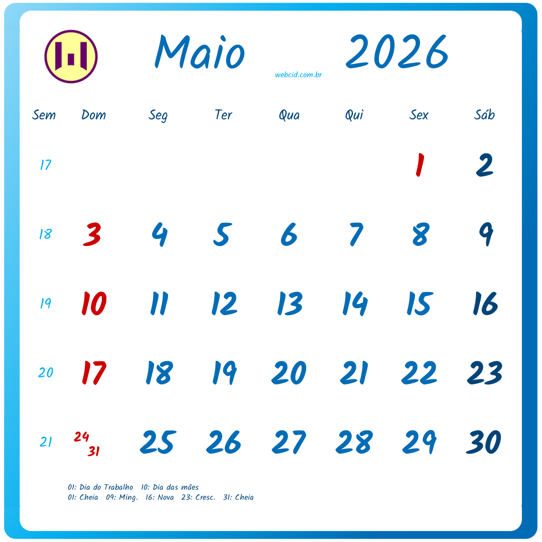 Calendário 2026 - Maio - Brasil com feriados e fases da lua