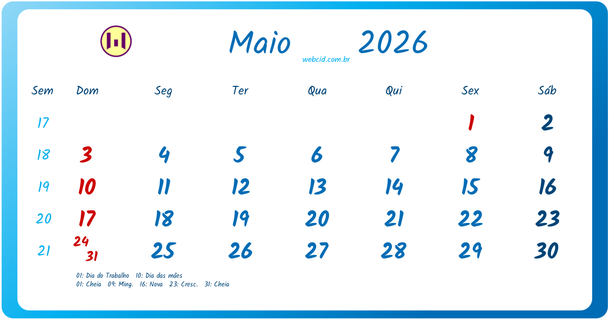 Calendário 2026 - Maio - Brasil com feriados e fases da lua