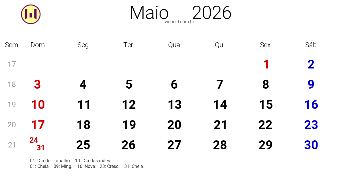 Calendário 2026 - Maio - Brasil com feriados e fases da lua
