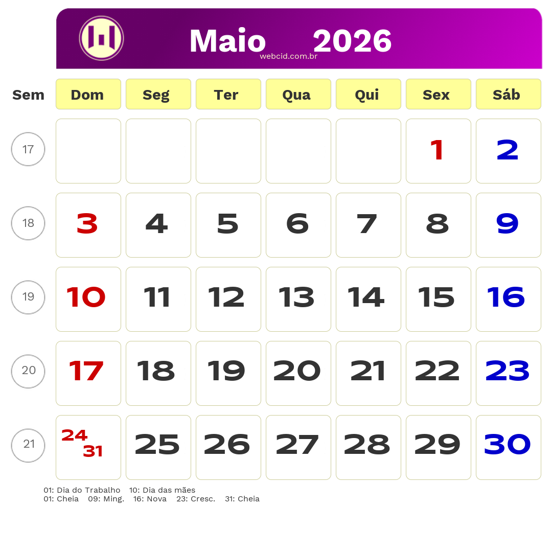 Calendário 2026 - Maio - Brasil com feriados e fases da lua