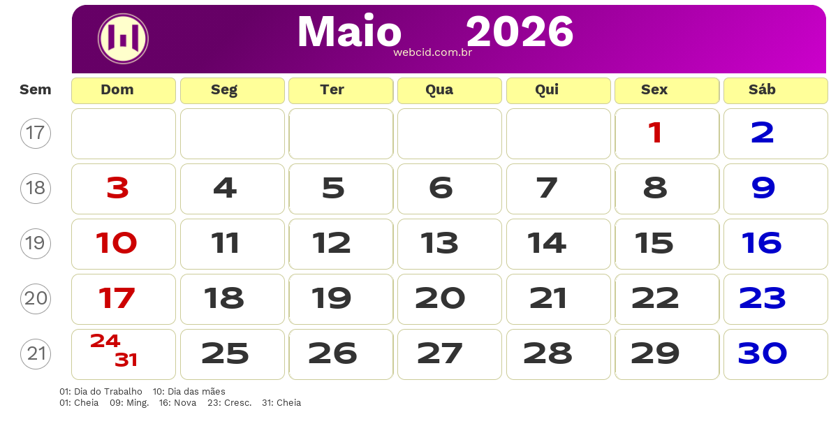 Calendário 2026 - Maio - Brasil com feriados e fases da lua