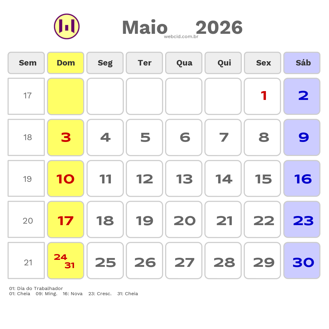 Calendário 2026 - Maio - Angola com feriados e fases da lua