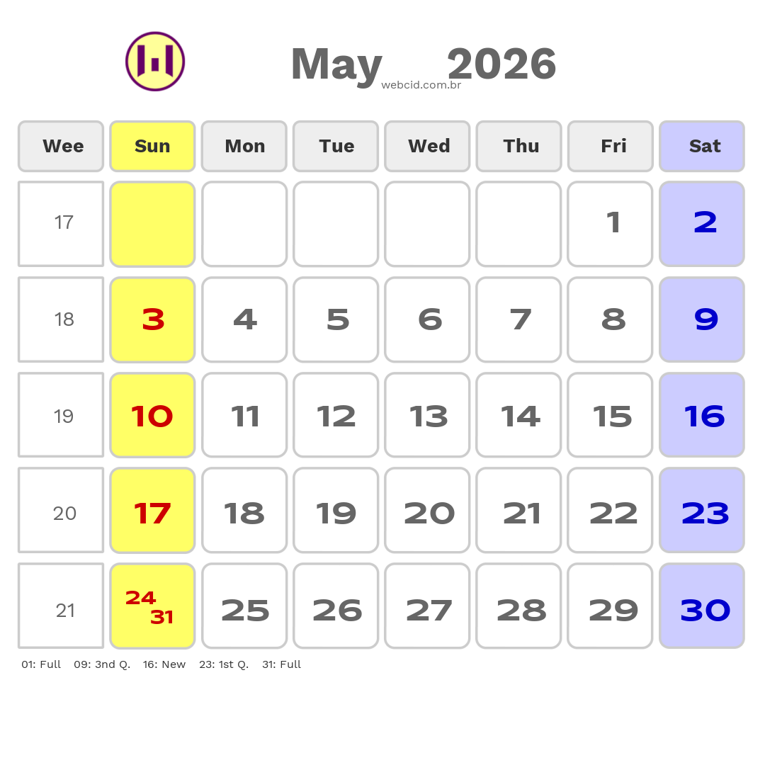 Calendar 2026 - May - Austrália com feriados e fases da lua