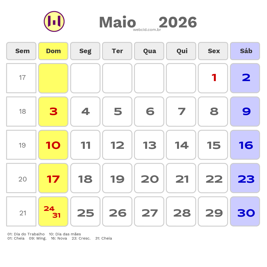 Calendário 2026 - Maio - Brasil com feriados e fases da lua
