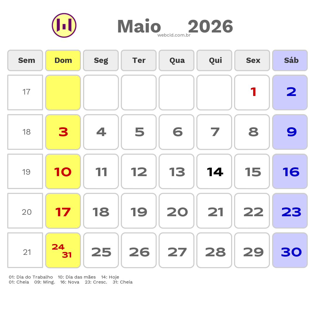 Calendário 2026 - Maio - Sao Goncalo do Amarante-CE com feriados e fases da lua