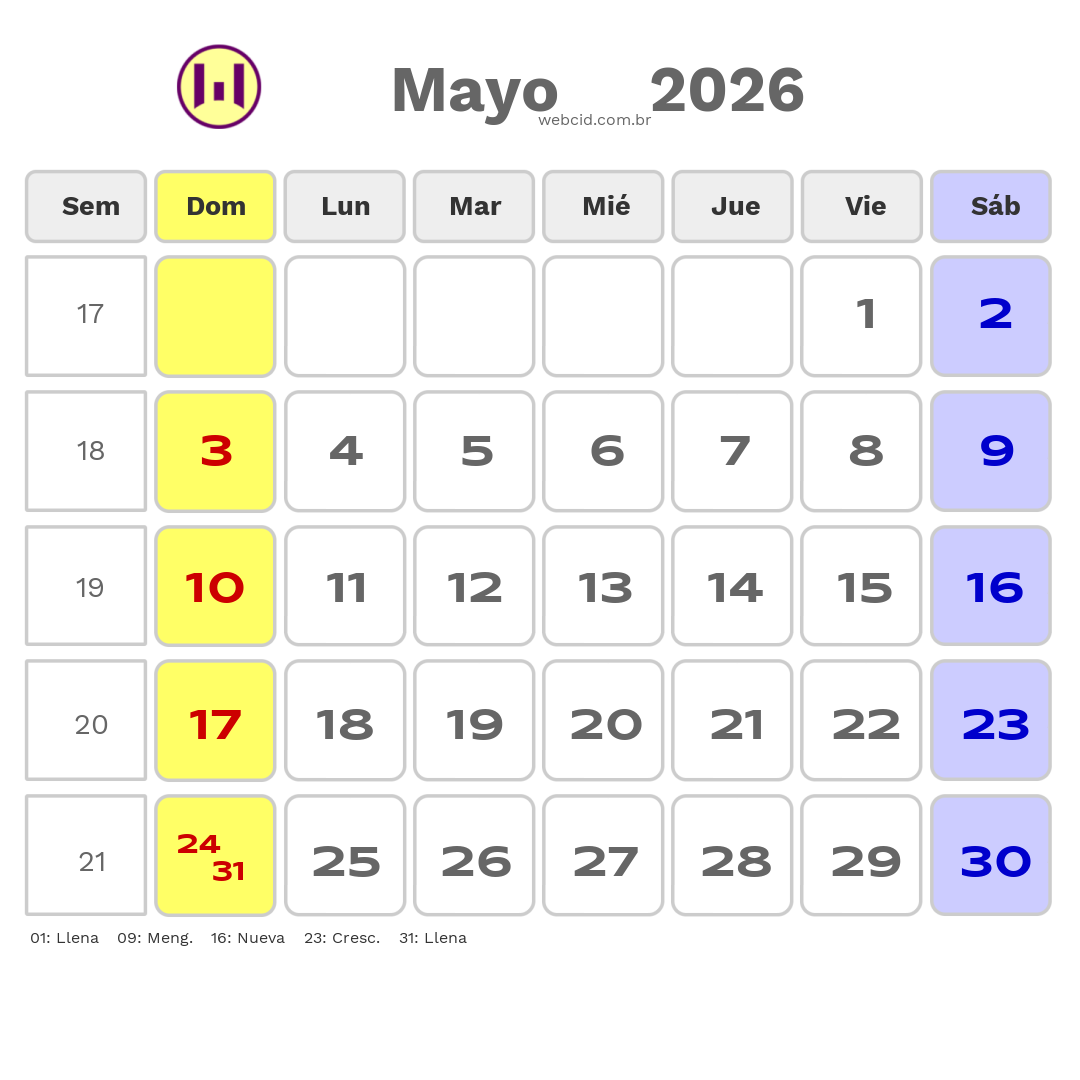 Calendario 2026 - Mayo - Colômbia com feriados e fases da lua