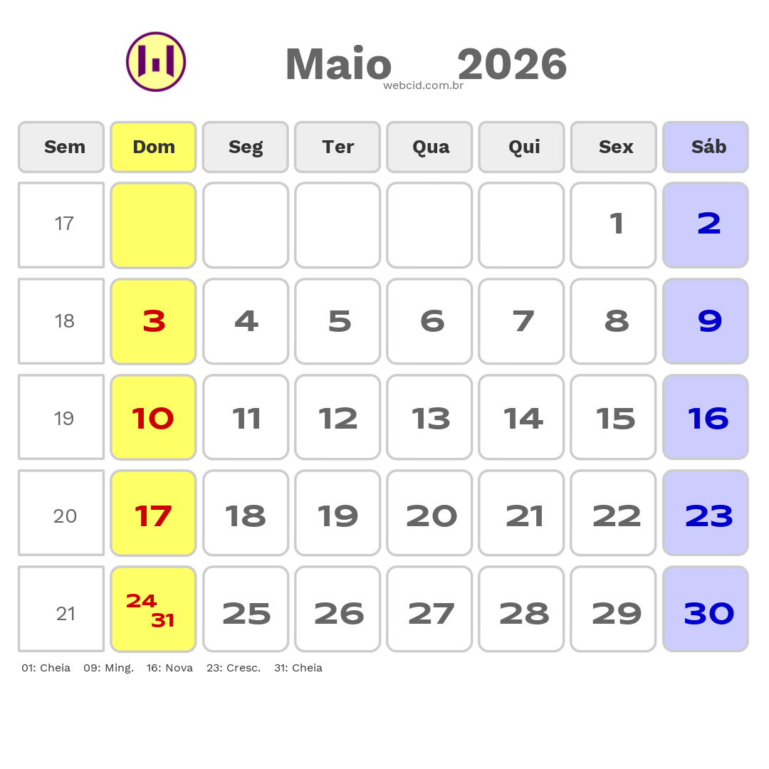 Calendário 2026 - Maio - Copa do Mundo FIFA com feriados e fases da lua