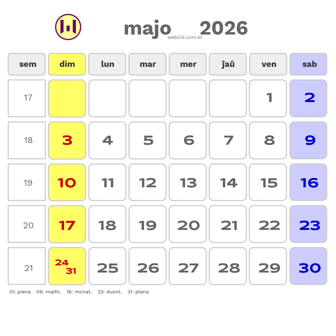 Kalendaro 2026 - majo - Esperanto-ESPERANTO com feriados e fases da lua