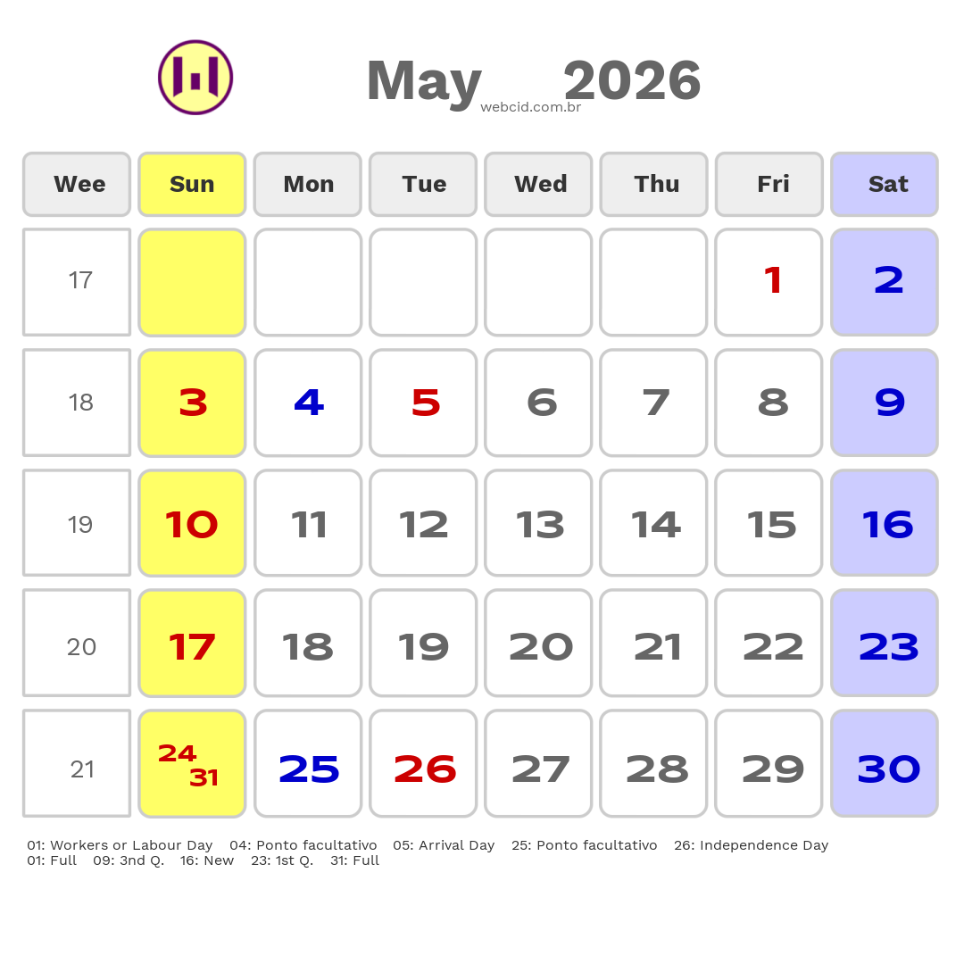 Calendar 2026 - May - Guyana com feriados e fases da lua