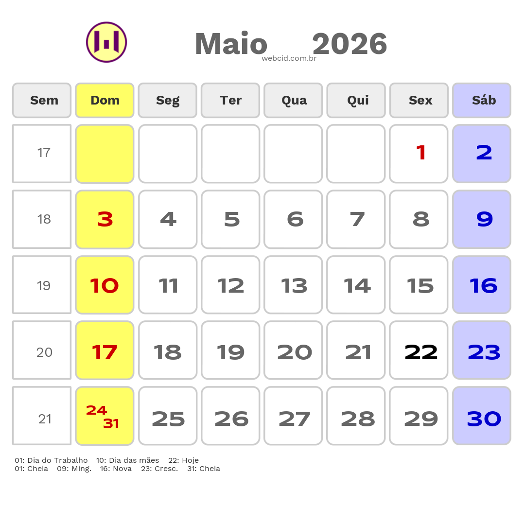 Calendário 2026 - Maio - Balneario Gaivota-SC com feriados e fases da lua