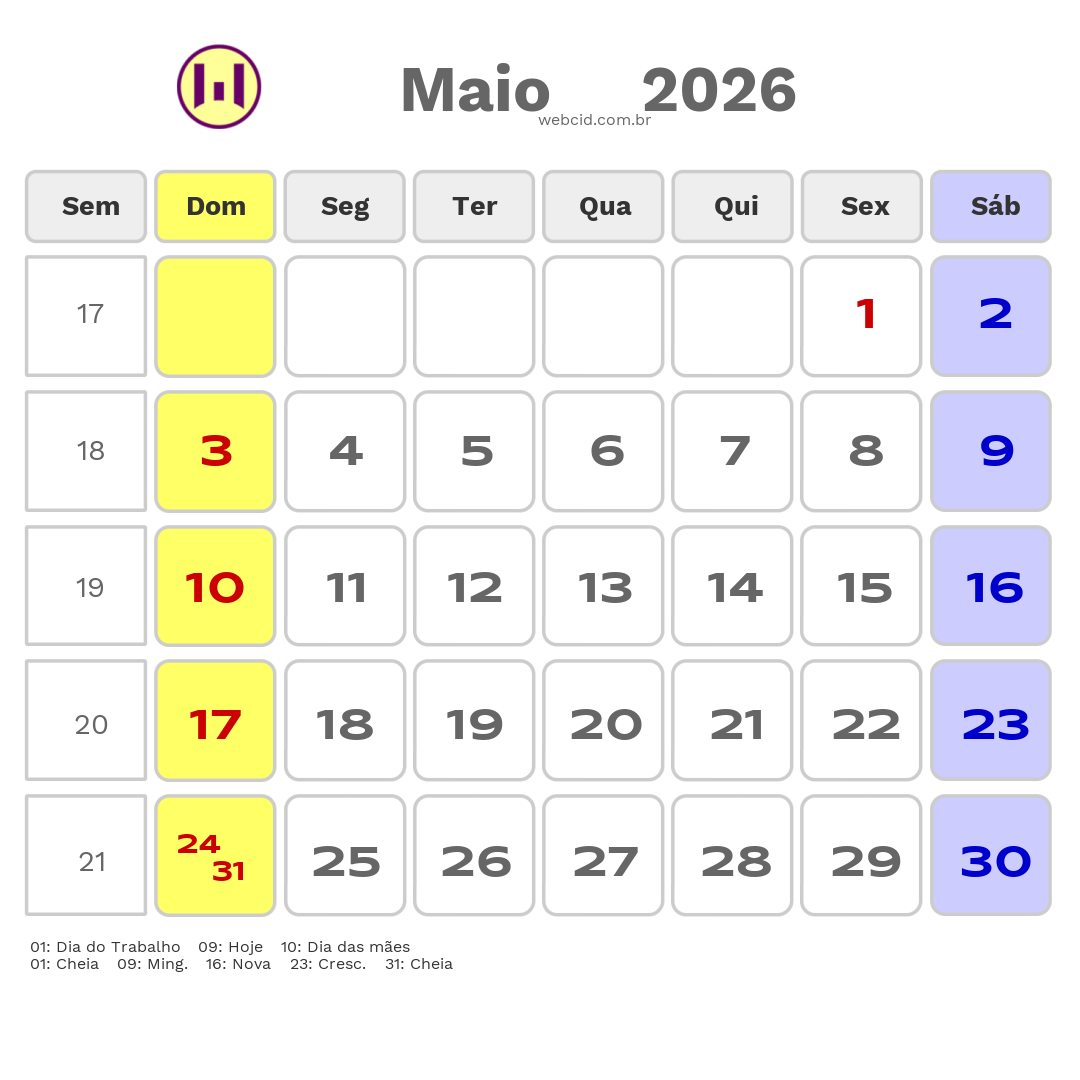 Calendário 2026 - Maio - Tubarão-SC com feriados e fases da lua