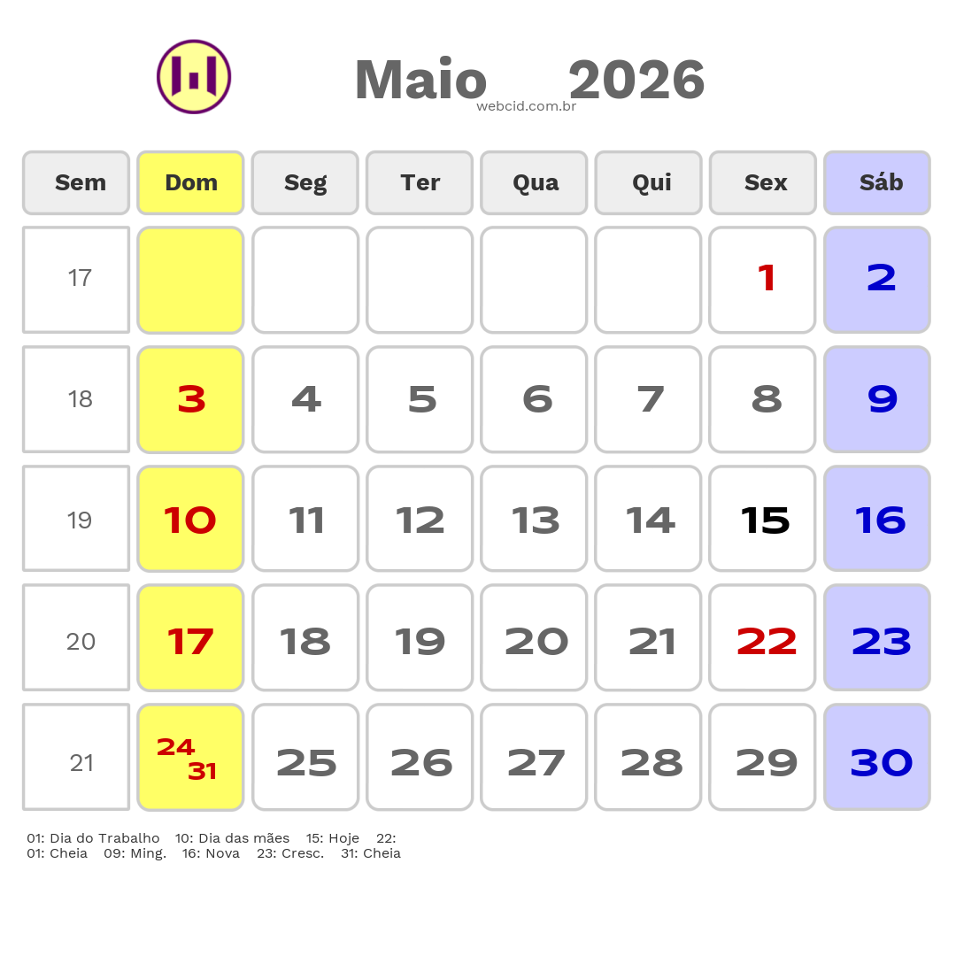 Calendário 2026 - Maio - Fernandopolis-SP com feriados e fases da lua