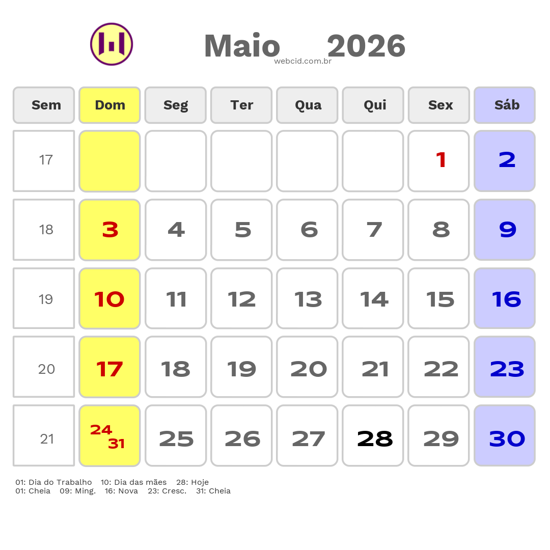 Calendário 2026 - Maio - São Roque-SP com feriados e fases da lua