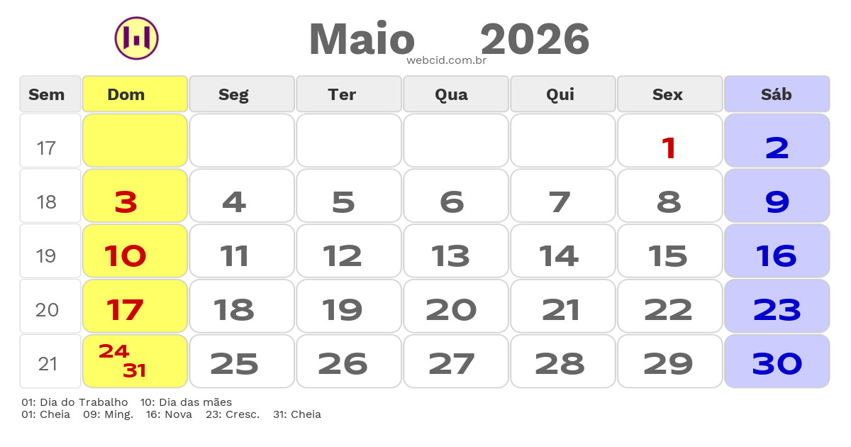 Calendário 2026 - Maio - Brasil com feriados e fases da lua