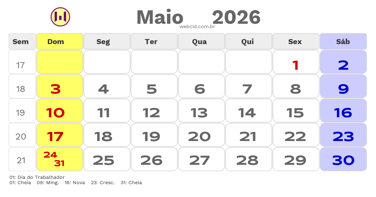 Calendário 2026 - Maio - Cabo Verde com feriados e fases da lua