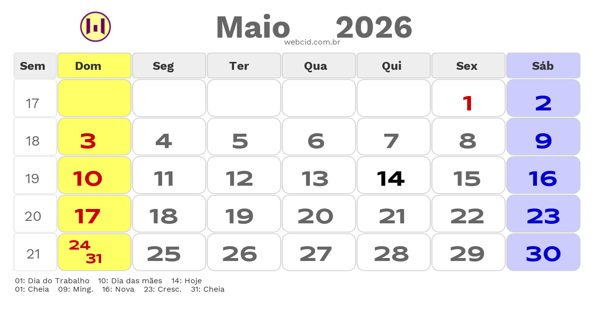 Calendário 2026 - Maio - Sao Goncalo do Amarante-CE com feriados e fases da lua