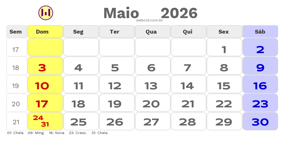 Calendário 2026 - Maio - Copa do Mundo FIFA com feriados e fases da lua