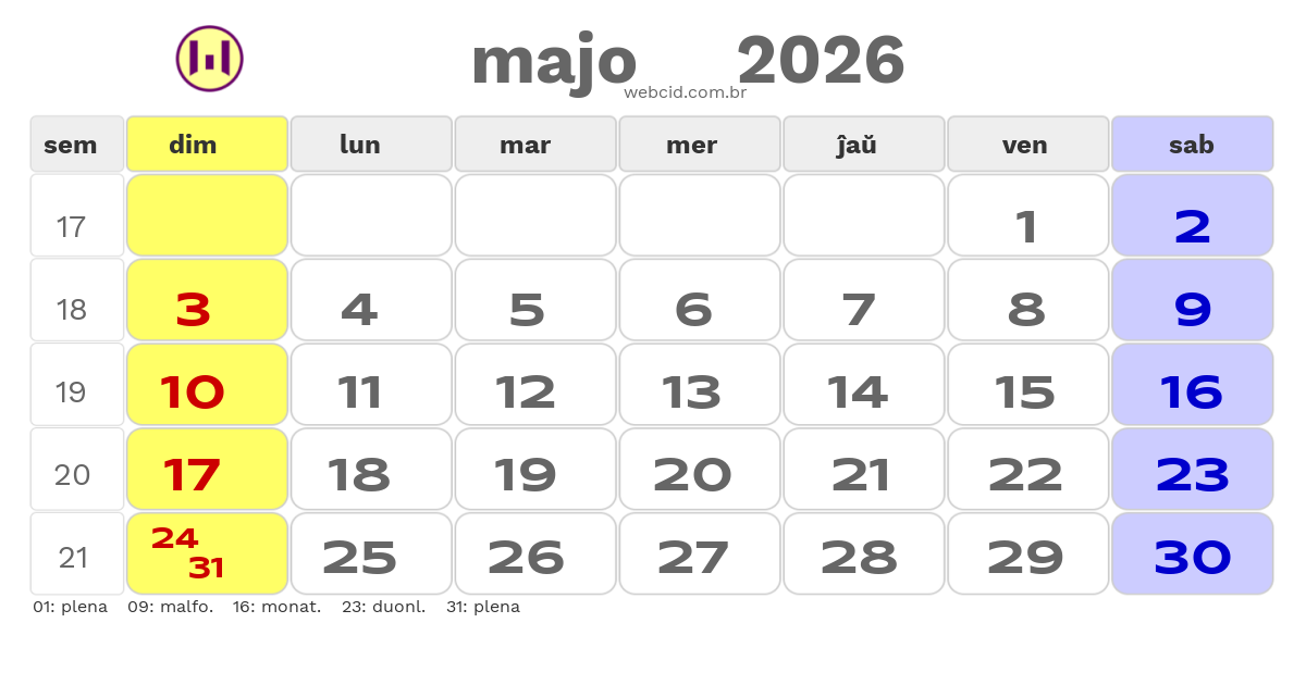 Kalendaro 2026 - majo - Esperanto-ESPERANTO com feriados e fases da lua