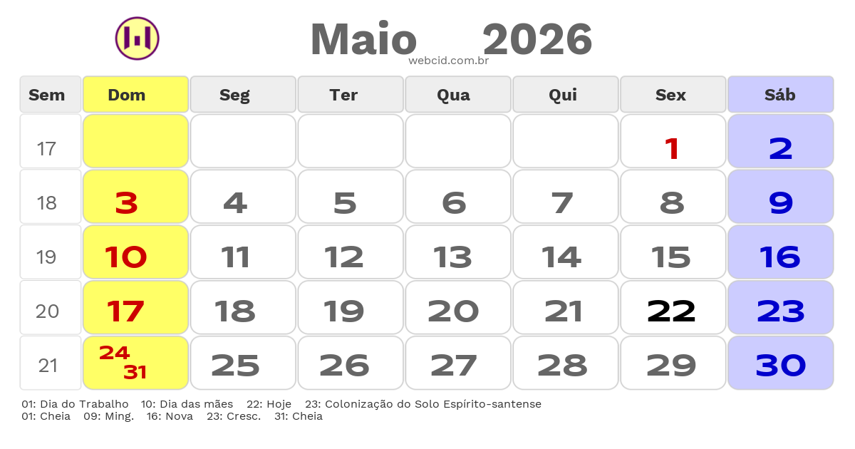 Calendário 2026 - Maio - Serra-ES com feriados e fases da lua