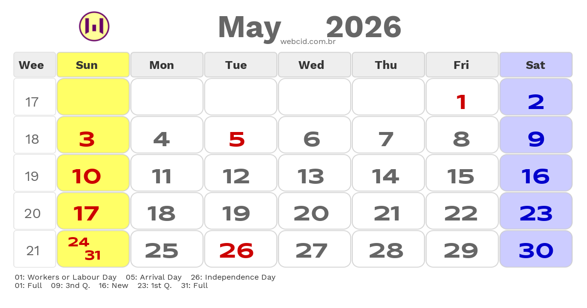 Calendar 2026 - May - Guyana com feriados e fases da lua