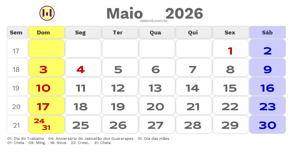 Calendário 2026 - Maio - Jaboatão dos Guararapes-PE com feriados e fases da lua