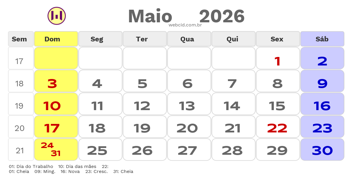 Calendário 2026 - Maio - Santa Cruz-RN com feriados e fases da lua