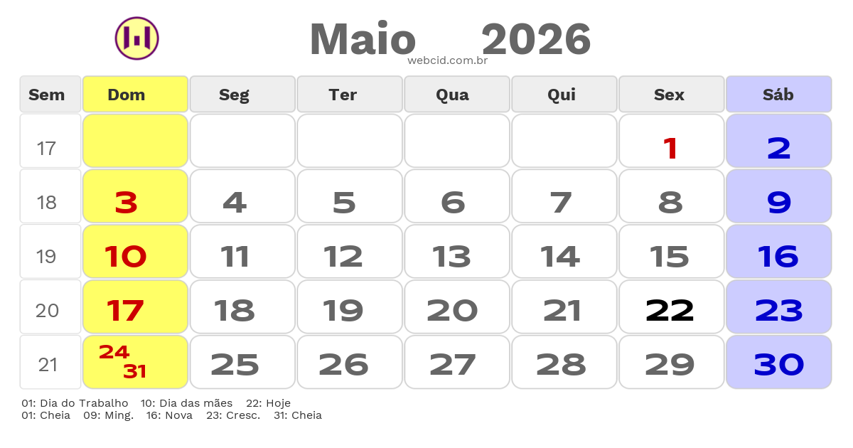 Calendário 2026 - Maio - Balneario Gaivota-SC com feriados e fases da lua