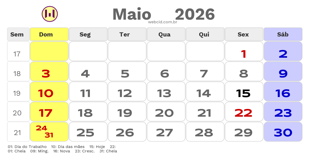 Calendário 2026 - Maio - Fernandopolis-SP com feriados e fases da lua