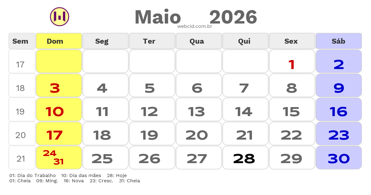 Calendário 2026 - Maio - São Roque-SP com feriados e fases da lua