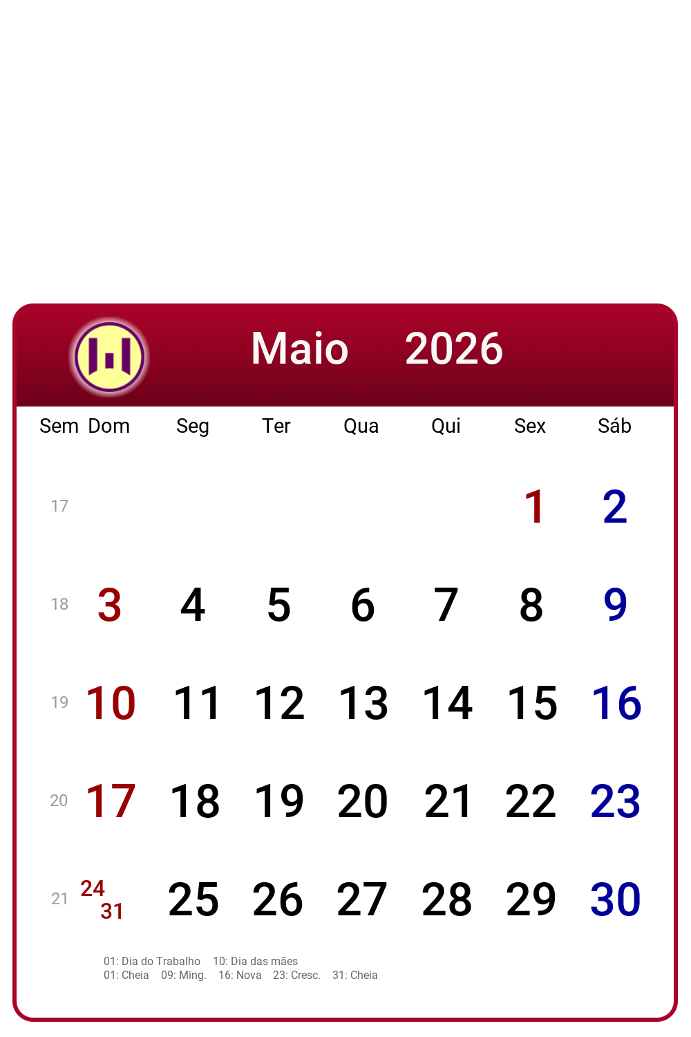 Calendário 2026 - Maio - Brasil com feriados e fases da lua