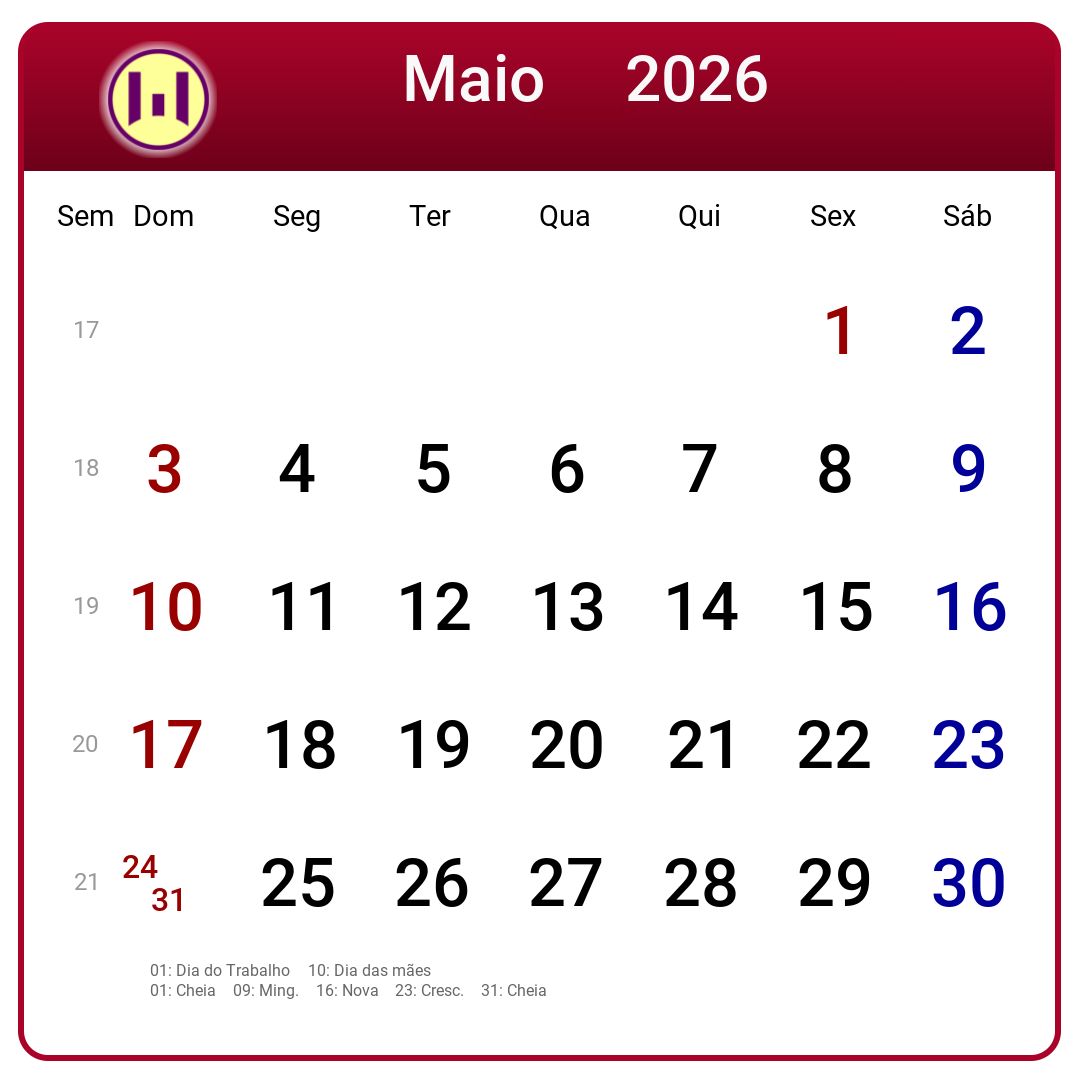 Calendário 2026 - Maio - Brasil com feriados e fases da lua