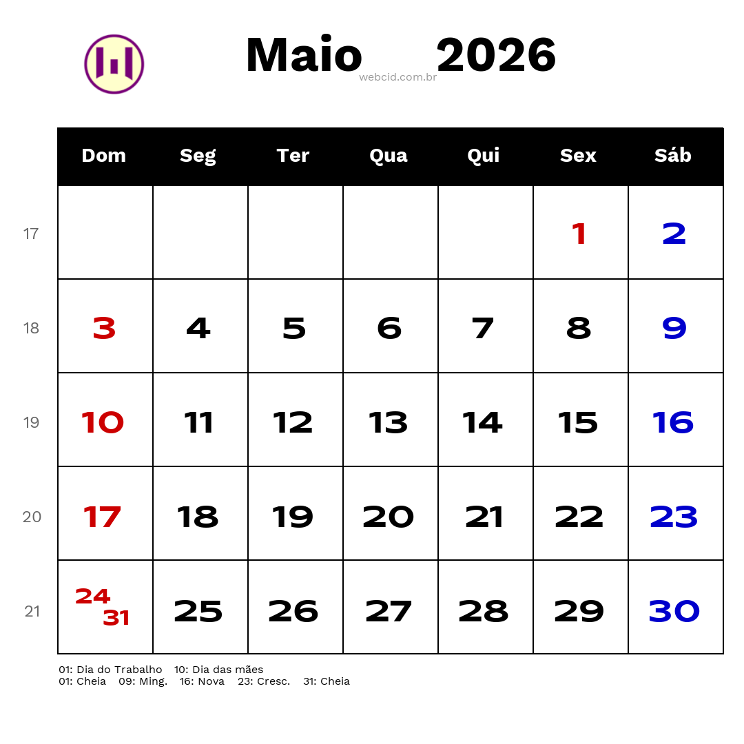 Calendário 2026 - Maio - Brasil com feriados e fases da lua