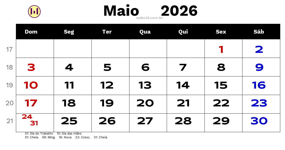Calendário 2026 - Maio - Brasil com feriados e fases da lua