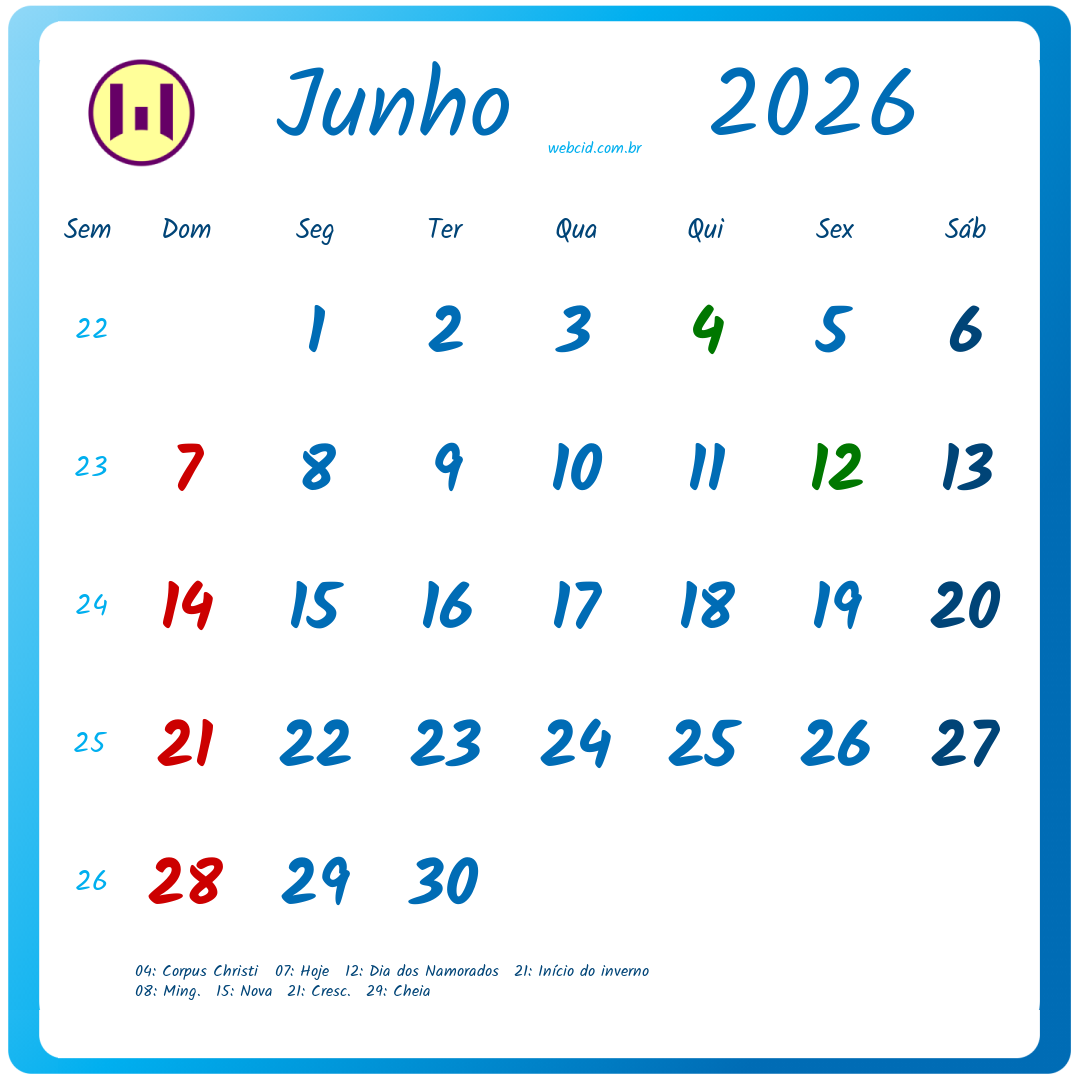 Calendário 2026 - Junho - Brasil com feriados e fases da lua