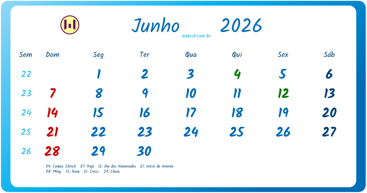 Calendário 2026 - Junho - Brasil com feriados e fases da lua