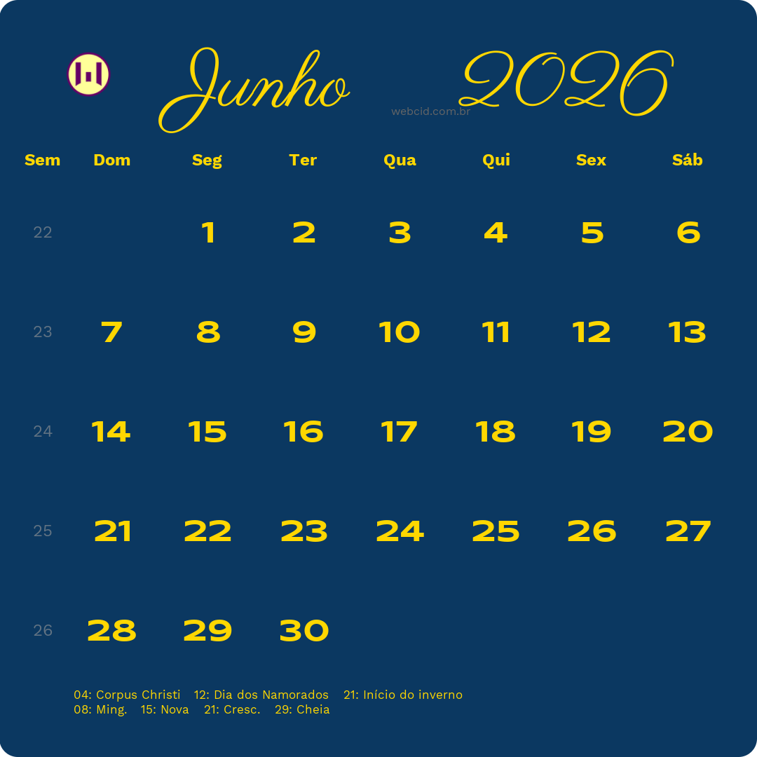 Calendário 2026 - Junho - Brasil com feriados e fases da lua