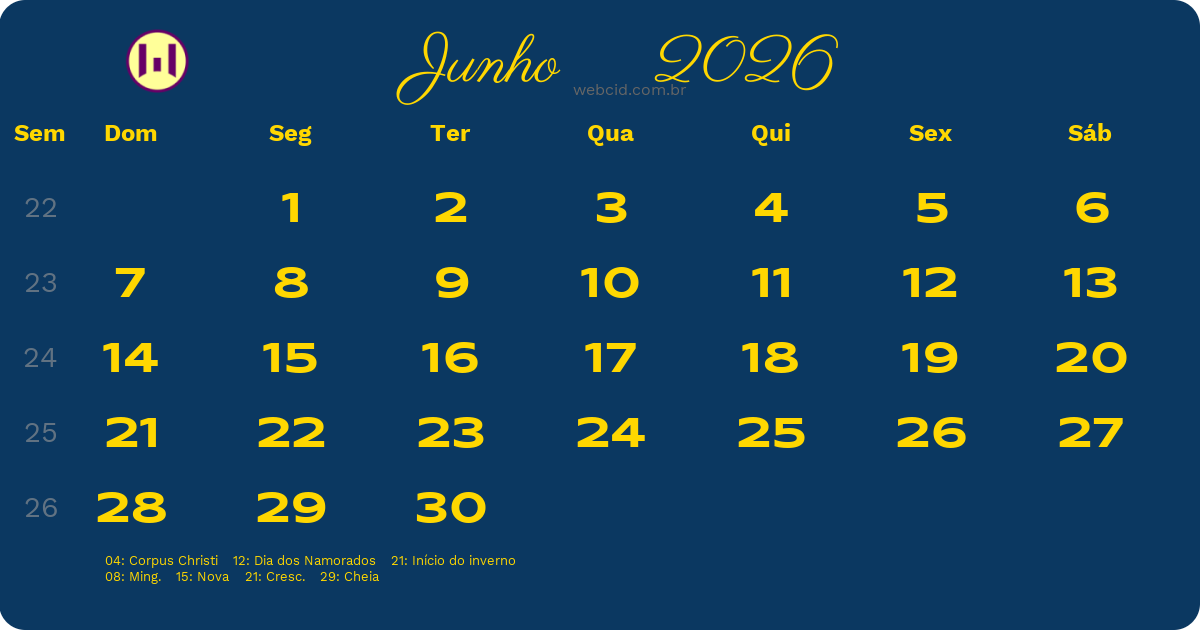 Calendário 2026 - Junho - Brasil com feriados e fases da lua